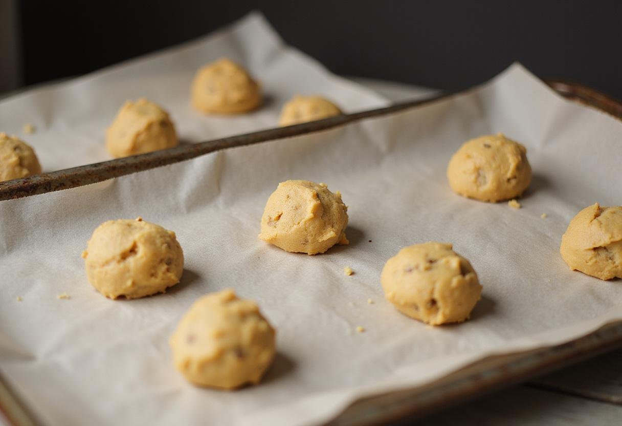 Baking tray with eggless chocolate chip cookie dough balls - prepared and ready for oven cooking.