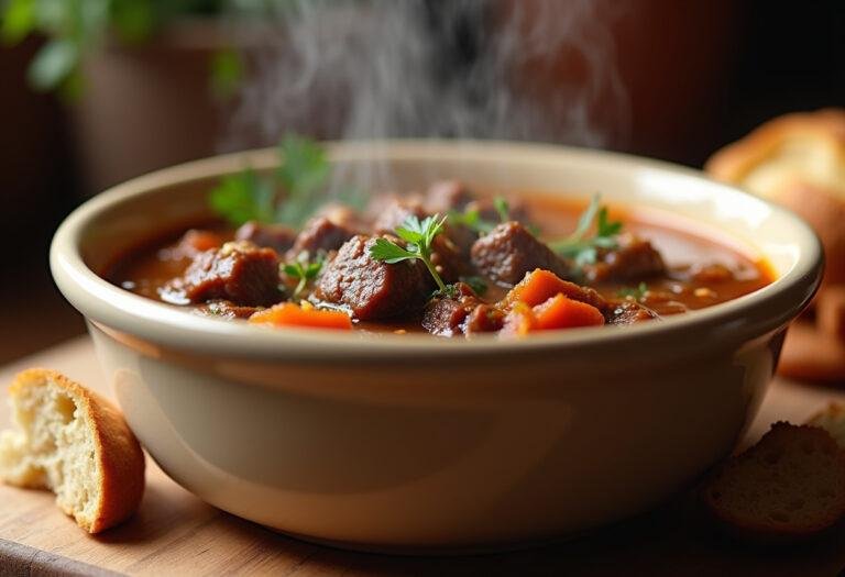 Delicious beef stew served in a bowl, perfect for a comforting meal.