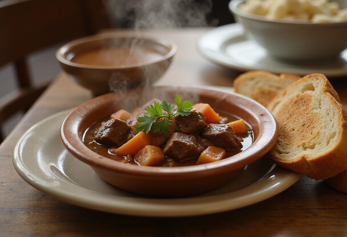Delicious beef stew served in a bowl, perfect for a comforting meal.
