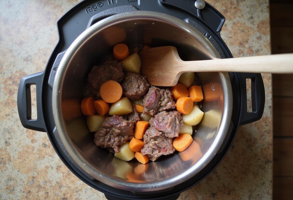 Ingredients for Effortless Instant Pot Beef Stew prepared in a shiny Instant Pot.