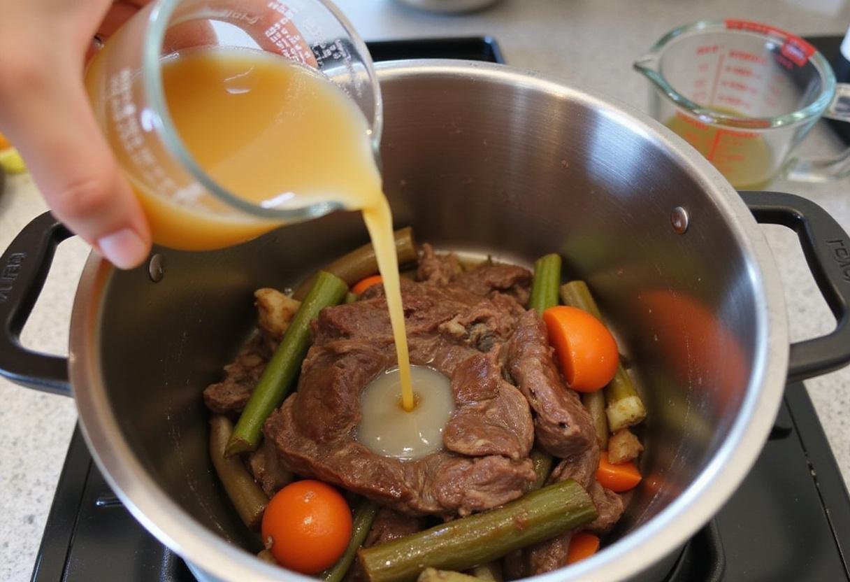 Pouring broth over beef and vegetables in an Instant Pot for easy beef stew preparation.