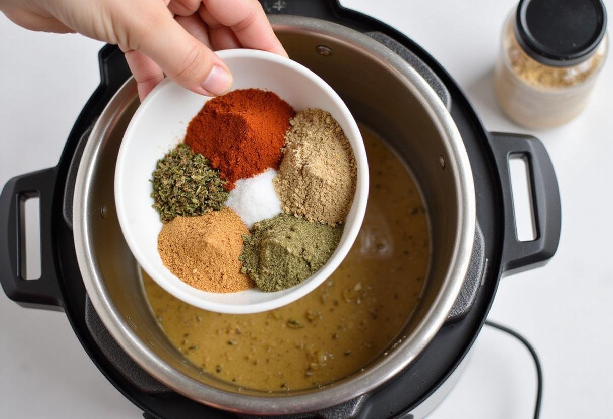 Adding herbs and spices to the Instant Pot for a flavorful beef stew.