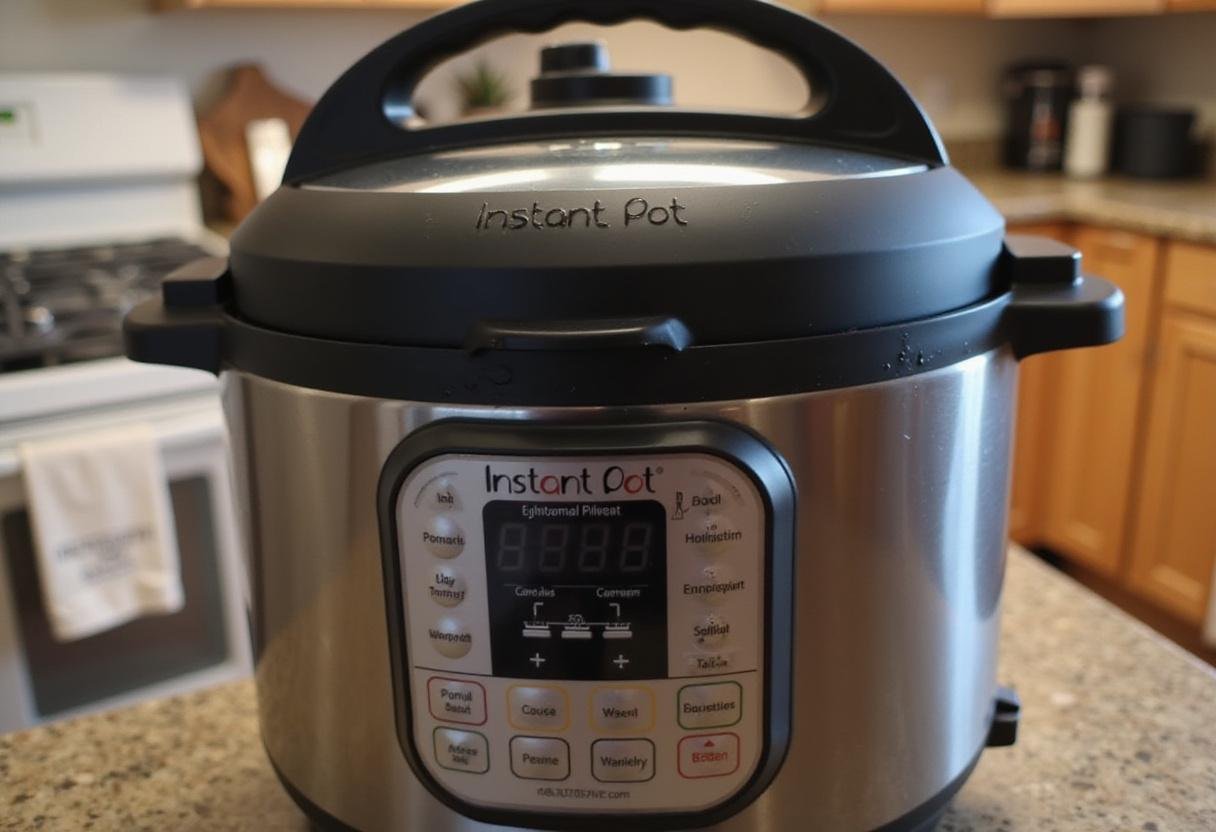 Securing the Instant Pot lid for cooking Effortless Beef Stew with just a few ingredients.