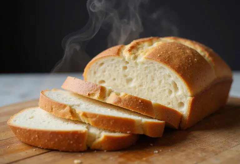 Freshly baked sourdough discard sandwich bread loaf displayed on a cutting board.