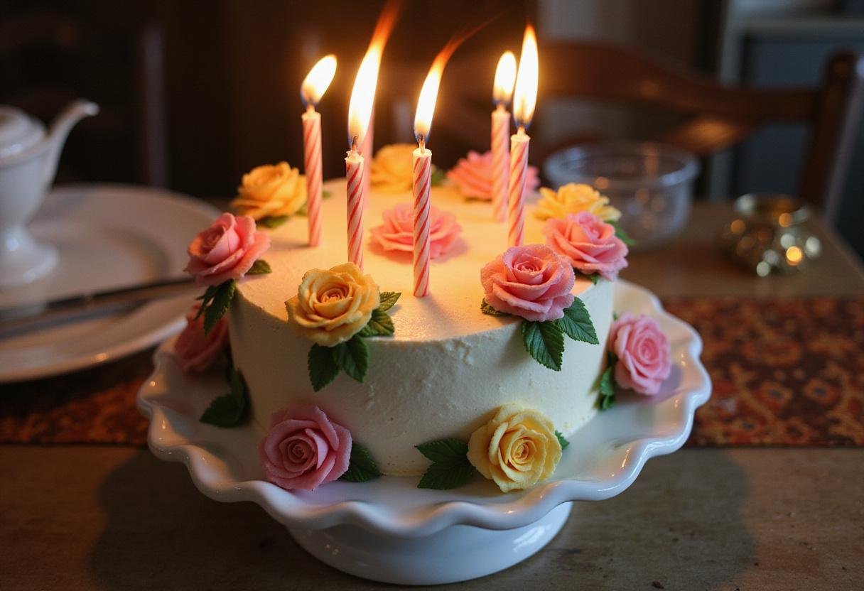 Close-up of a beautiful flower birthday cake adorned with flowers and candles, perfect for a birthday celebration.