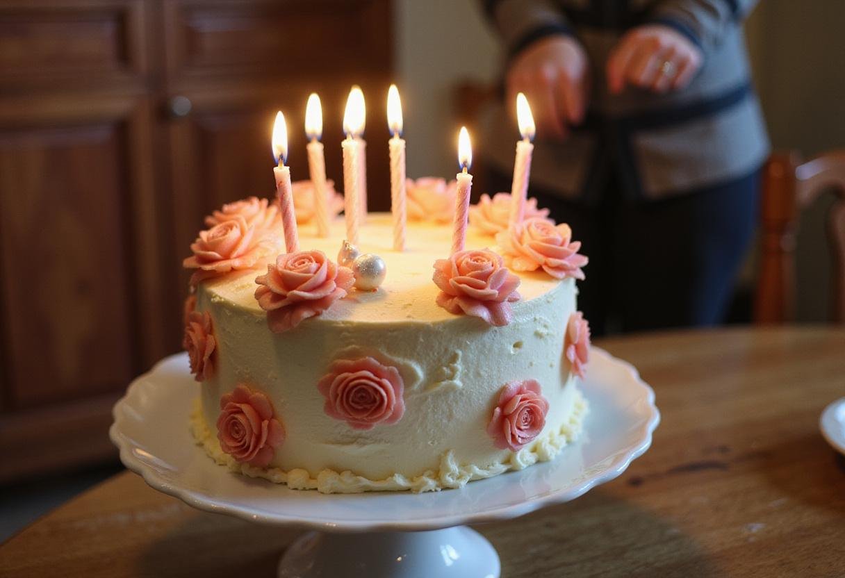 Close-up of a beautiful flower birthday cake adorned with flowers and candles, perfect for a birthday celebration.