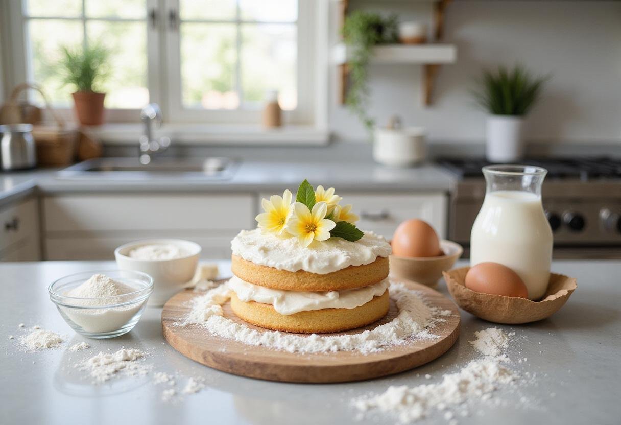 Ingredients for a flower birthday cake displayed on a countertop, including flour, sugar, and eggs.