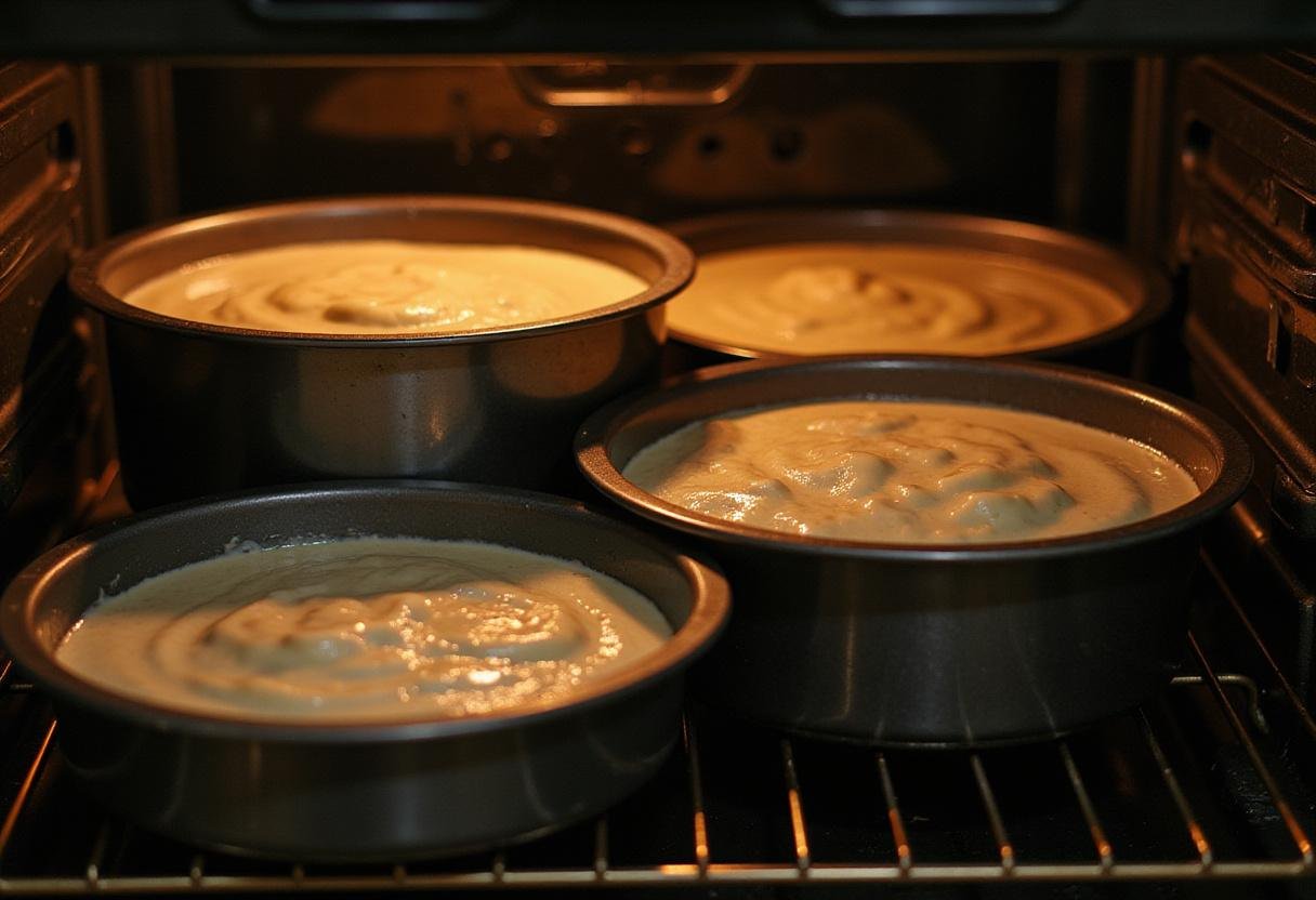 Cake pans with flower birthday cake batter inside a preheated oven, preparing to rise beautifully.