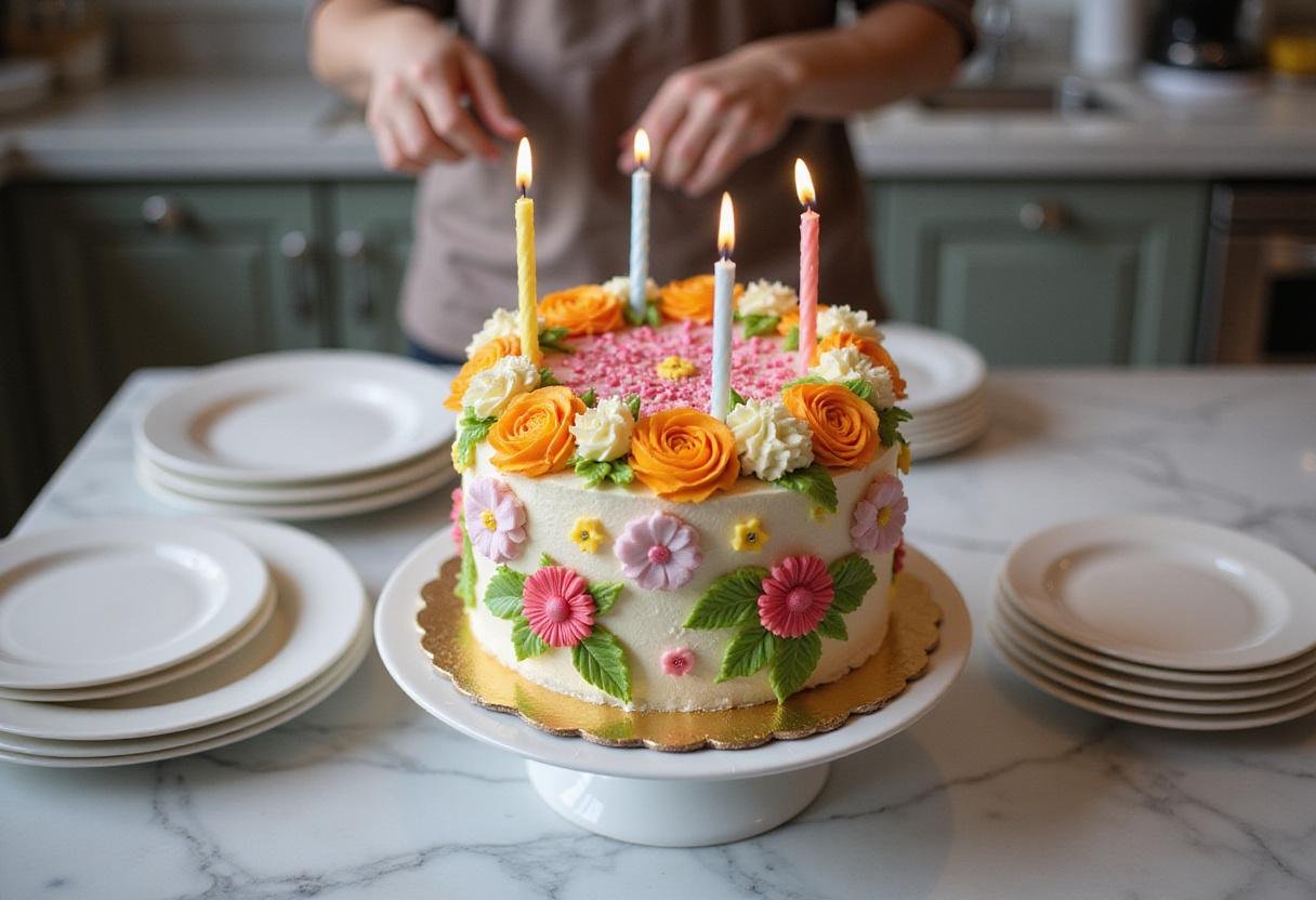 A stunning floral birthday cake displayed on a countertop, decorated with colorful flowers and ready for a birthday celebration.