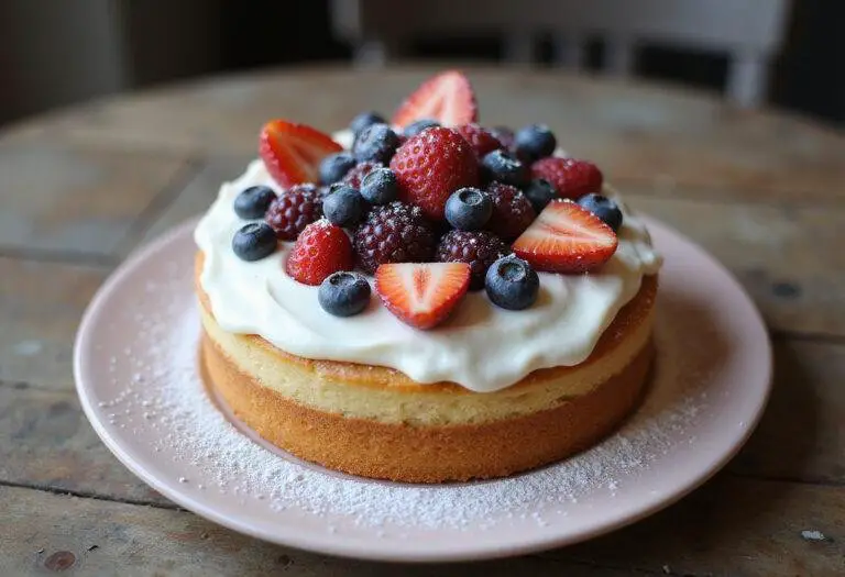 Gorgeous final result of French vanilla cake mix recipe, decorated with frosting and berries.