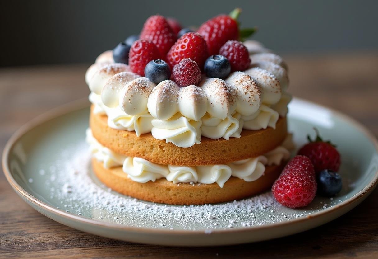 Gorgeous final result of French vanilla cake mix recipe, decorated with frosting and berries.
