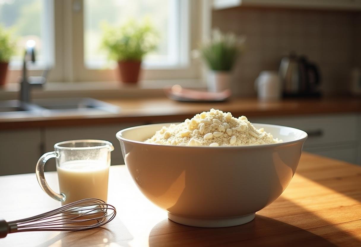 Preparing French vanilla cake mix with almond milk as a substitute for eggs in cake mix.
