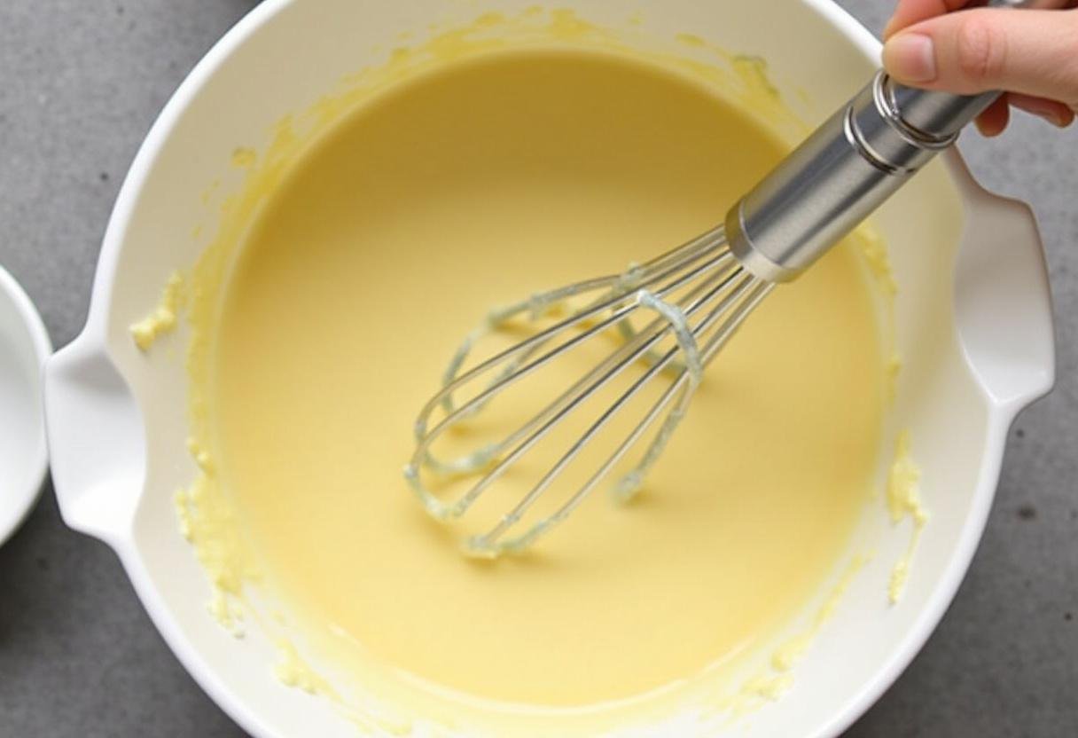 Mixing French vanilla cake ingredients including almond milk substitute for eggs in cake mix.