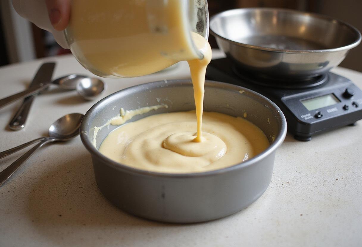 Pouring cake batter into a pan for baking French vanilla cake mix recipe.