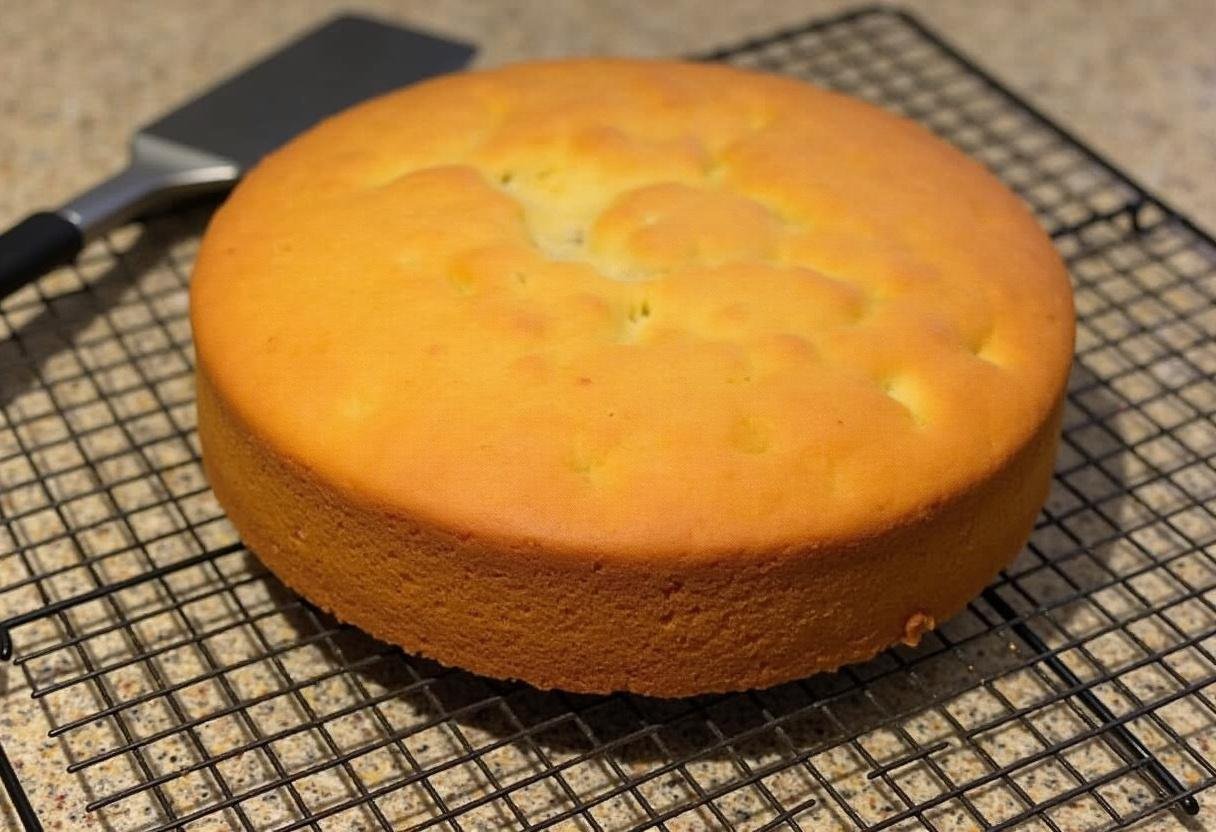 Cooling freshly baked French vanilla cake from cake mix.