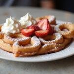 Delicious funnel cake using pancake mix served with powdered sugar, strawberries, and whipped cream for a sweet treat.