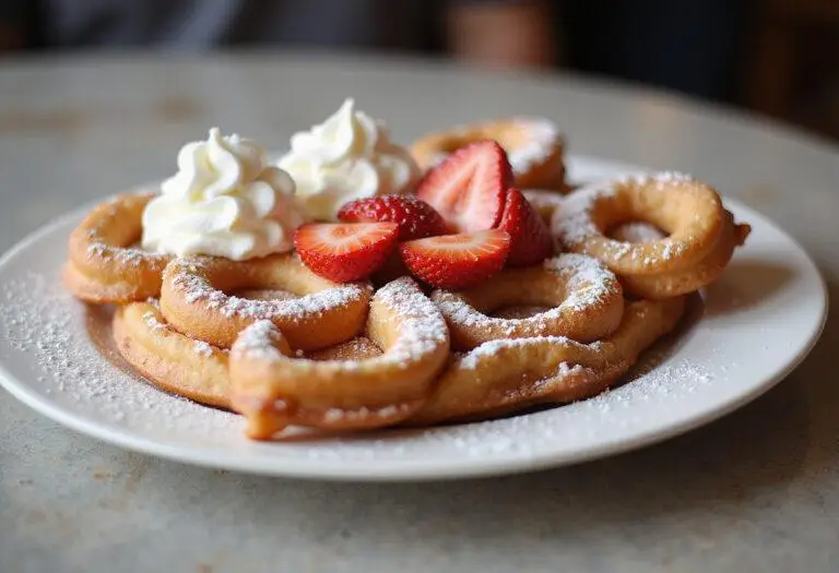 Delicious funnel cake using pancake mix served with powdered sugar, strawberries, and whipped cream for a sweet treat.