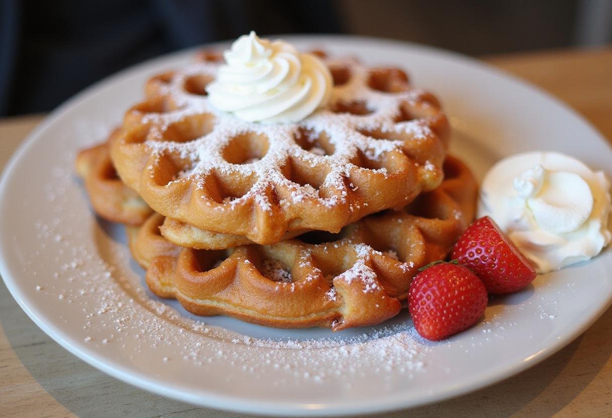 Delicious funnel cake using pancake mix served with powdered sugar, strawberries, and whipped cream for a sweet treat.