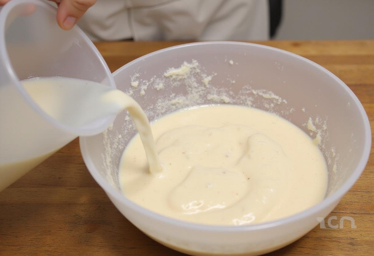 Preparing the funnel cake batter by stirring in water to pancake mix for a delicious funnel cake using pancake mix.