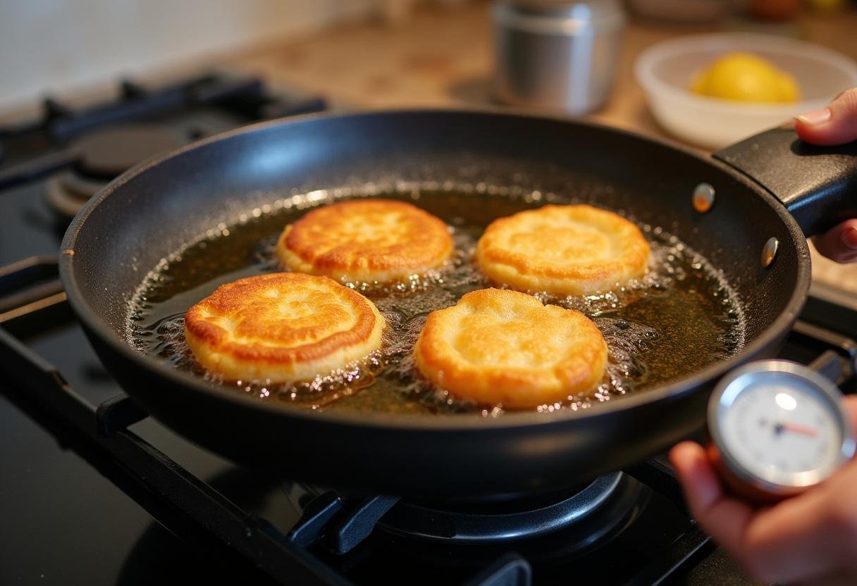 Preheating oil in a frying pan for making funnel cake using pancake mix, ensuring perfect frying conditions for the batter.