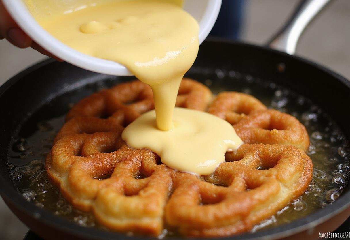Pouring batter to create the iconic shape of funnel cake using pancake mix, frying till golden brown in hot oil.