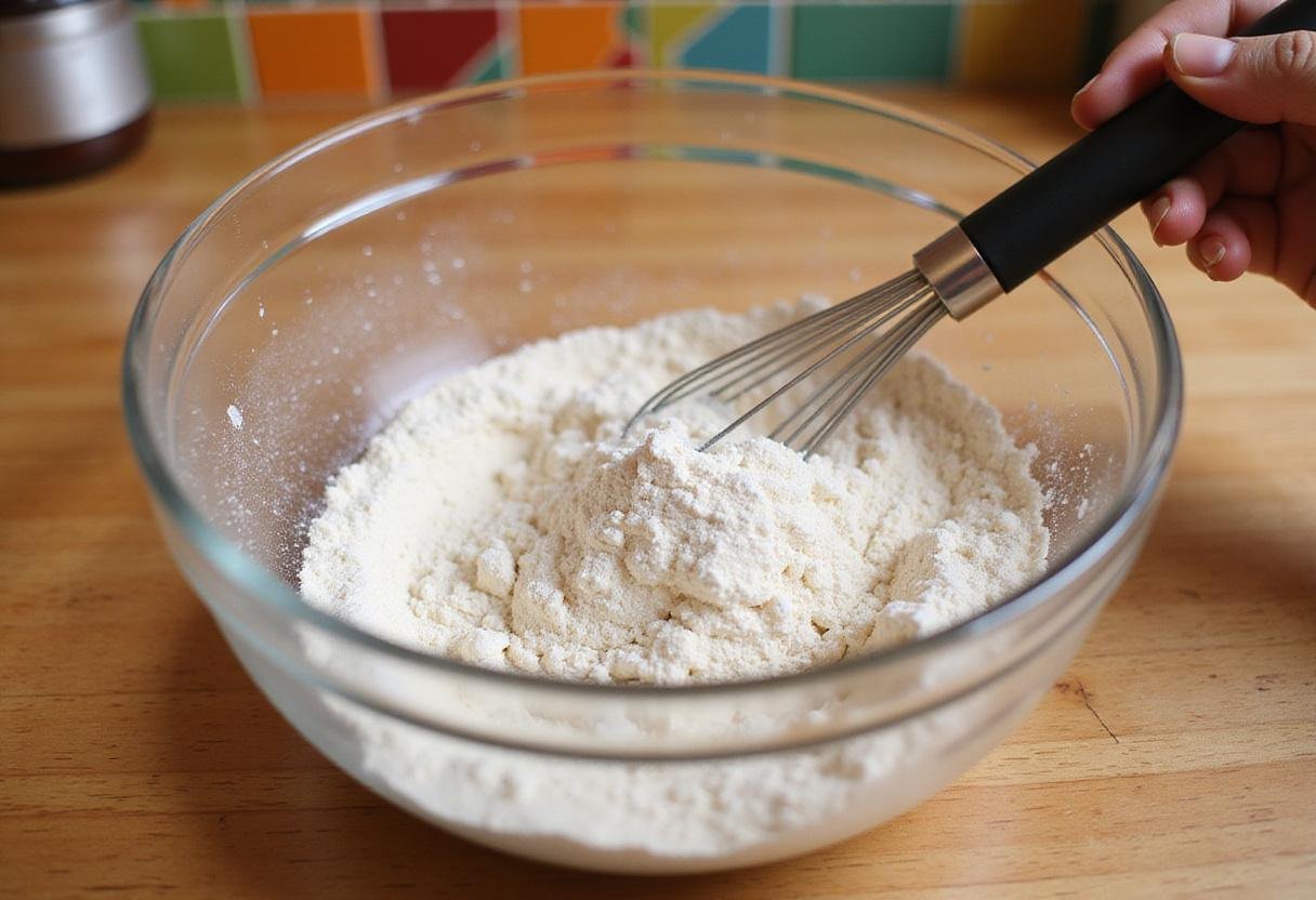 Mixing gluten-free crumbl cookie ingredients including flour and sugar.