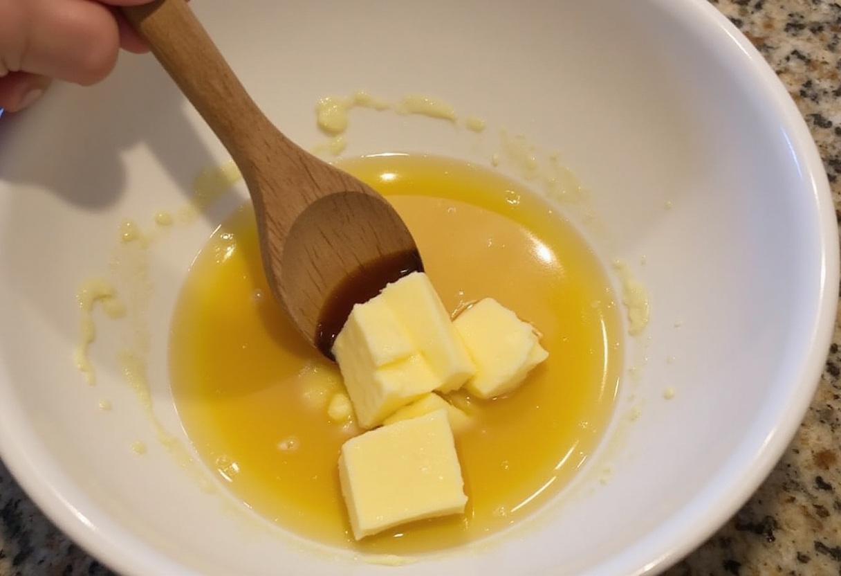 Combining melted butter and vanilla for gluten-free crumbl cookies.