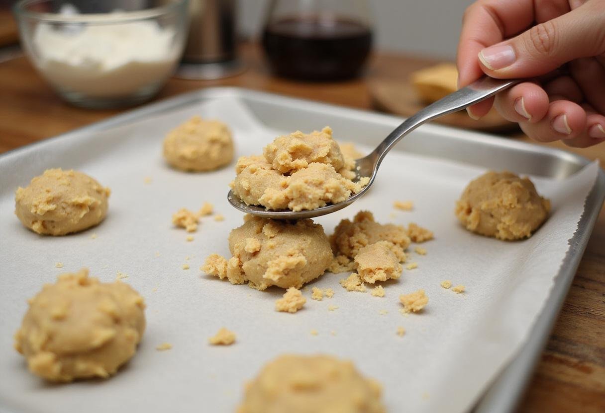 Scooping gluten-free crumbl cookie dough onto a baking tray.