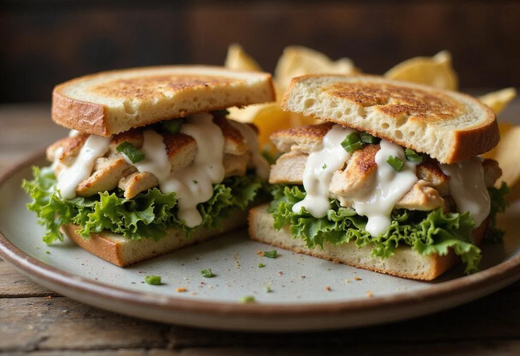 Delicious grilled chicken caesar salad sandwich presentation, perfect for a satisfying lunch, highlighting fresh ingredients and vibrant colors.