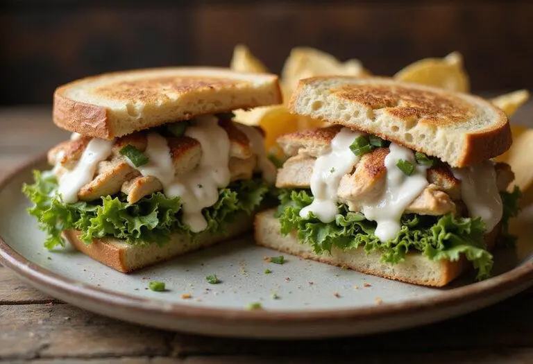 Delicious grilled chicken caesar salad sandwich presentation, perfect for a satisfying lunch, highlighting fresh ingredients and vibrant colors.