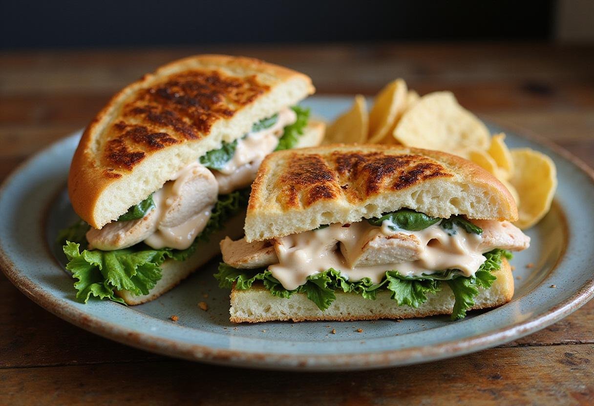Delicious grilled chicken caesar salad sandwich presentation, perfect for a satisfying lunch, highlighting fresh ingredients and vibrant colors.