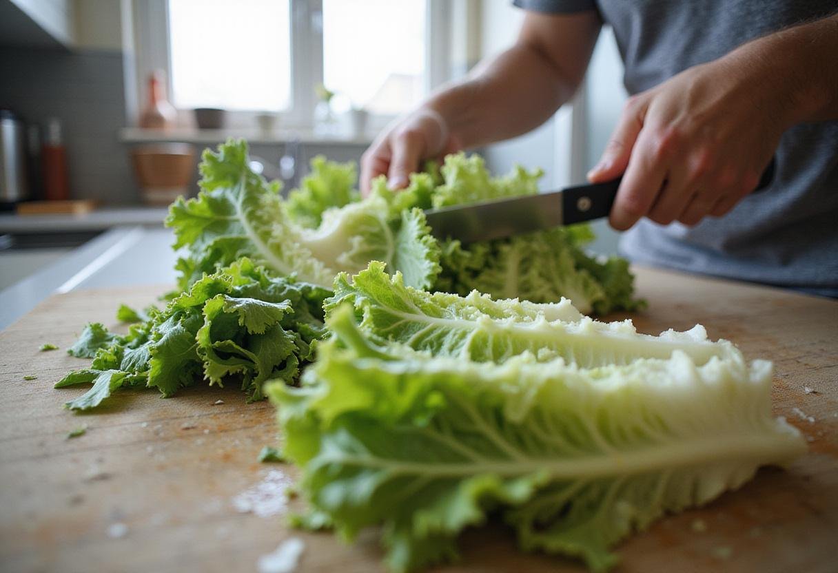 Fresh romaine lettuce preparation for a healthy chicken caesar salad sandwich, showing vibrant greens and a clean kitchen scene.