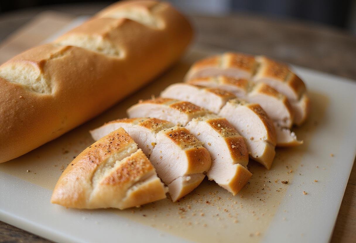 Grilled chicken slices ready to be added to a delicious caesar salad sandwich, highlighting the juicy and flavorful meat.