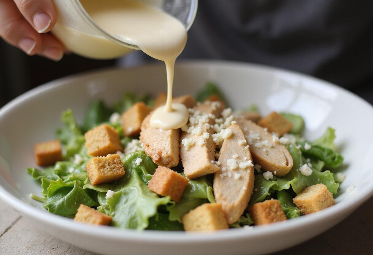 Mixing caesar dressing with lettuce and grilled chicken for a tasty chicken caesar salad sandwich, showcasing the rich textures and flavors.