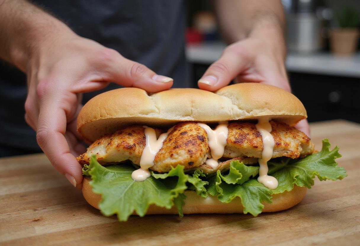 Assembling a chicken caesar salad sandwich with fresh ingredients, capturing the essence of a gourmet meal in a cozy kitchen.