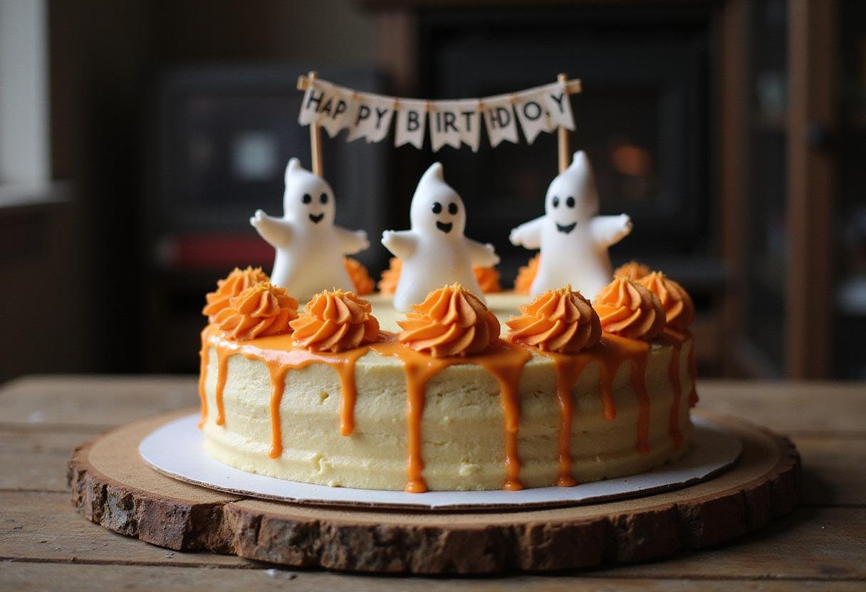 Stunning Halloween birthday cake with spooky decorations, perfect for a festive celebration.