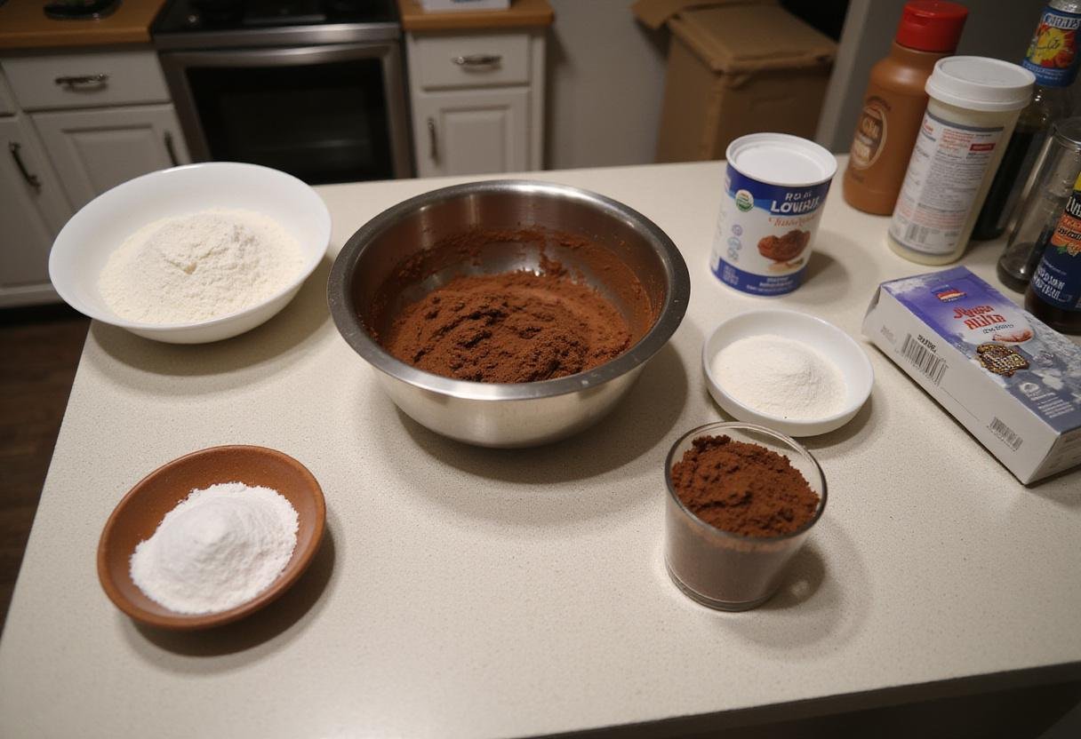 Ingredients for Halloween birthday cake with flour and sugar arranged on a kitchen counter.