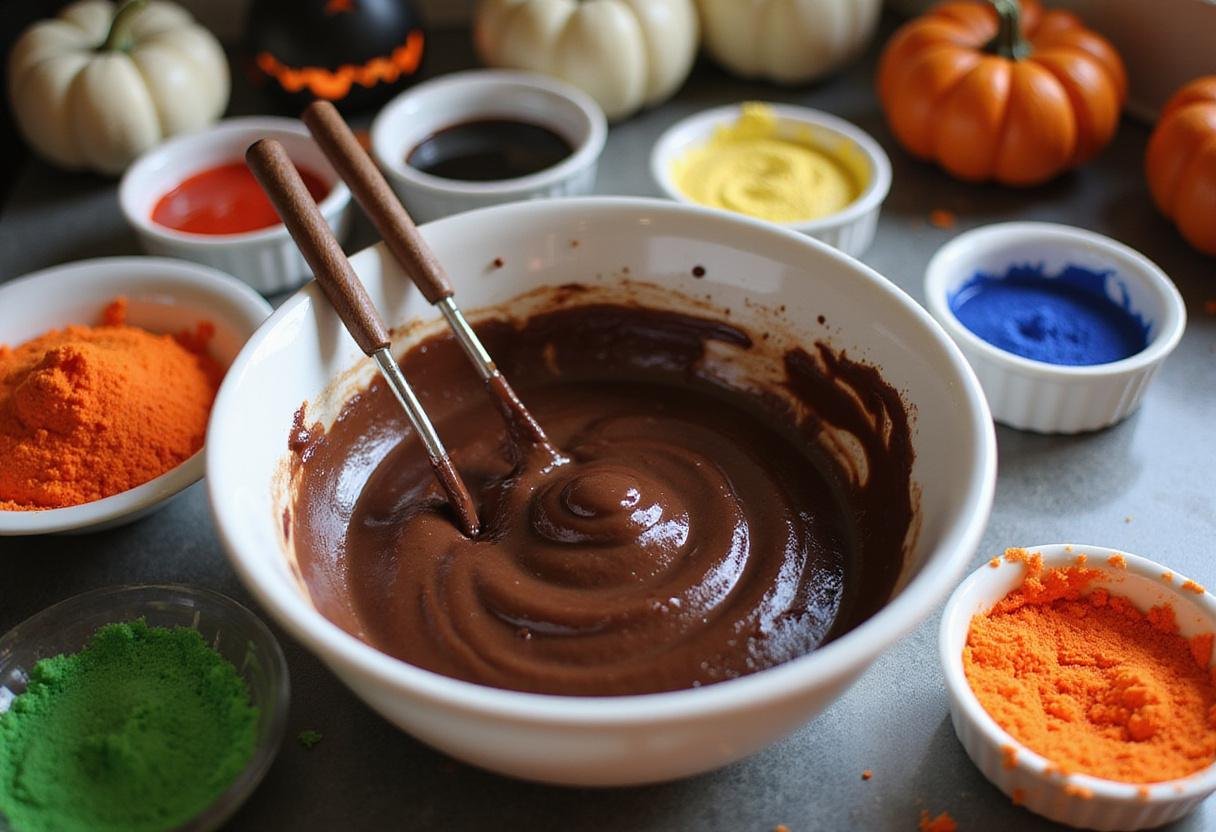 Chocolate batter in a mixing bowl with Halloween decorations for a fun birthday cake preparation.