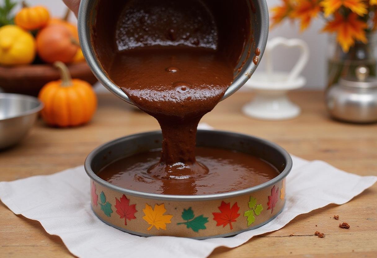 Cake batter being poured into a pan for a Halloween birthday cake with festive autumn decorations nearby.