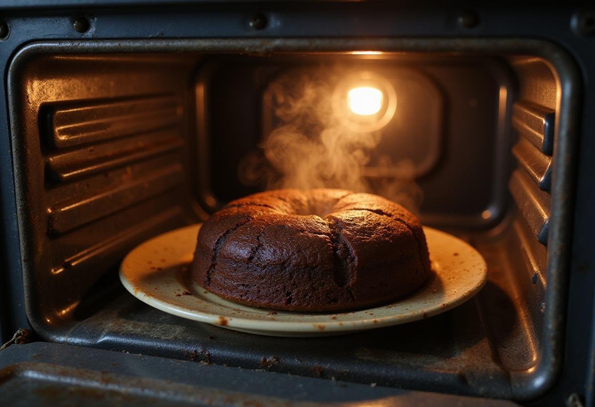 Freshly baked Halloween birthday cake coming out of the oven, showcasing the delicious aroma of chocolate.