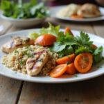 Final result of high protein meal prep recipes presented in an appealing arrangement of quinoa, chicken, and vegetables.