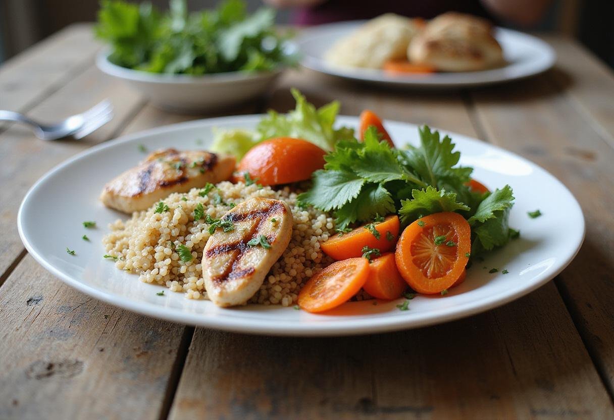 Final result of high protein meal prep recipes presented in an appealing arrangement of quinoa, chicken, and vegetables.