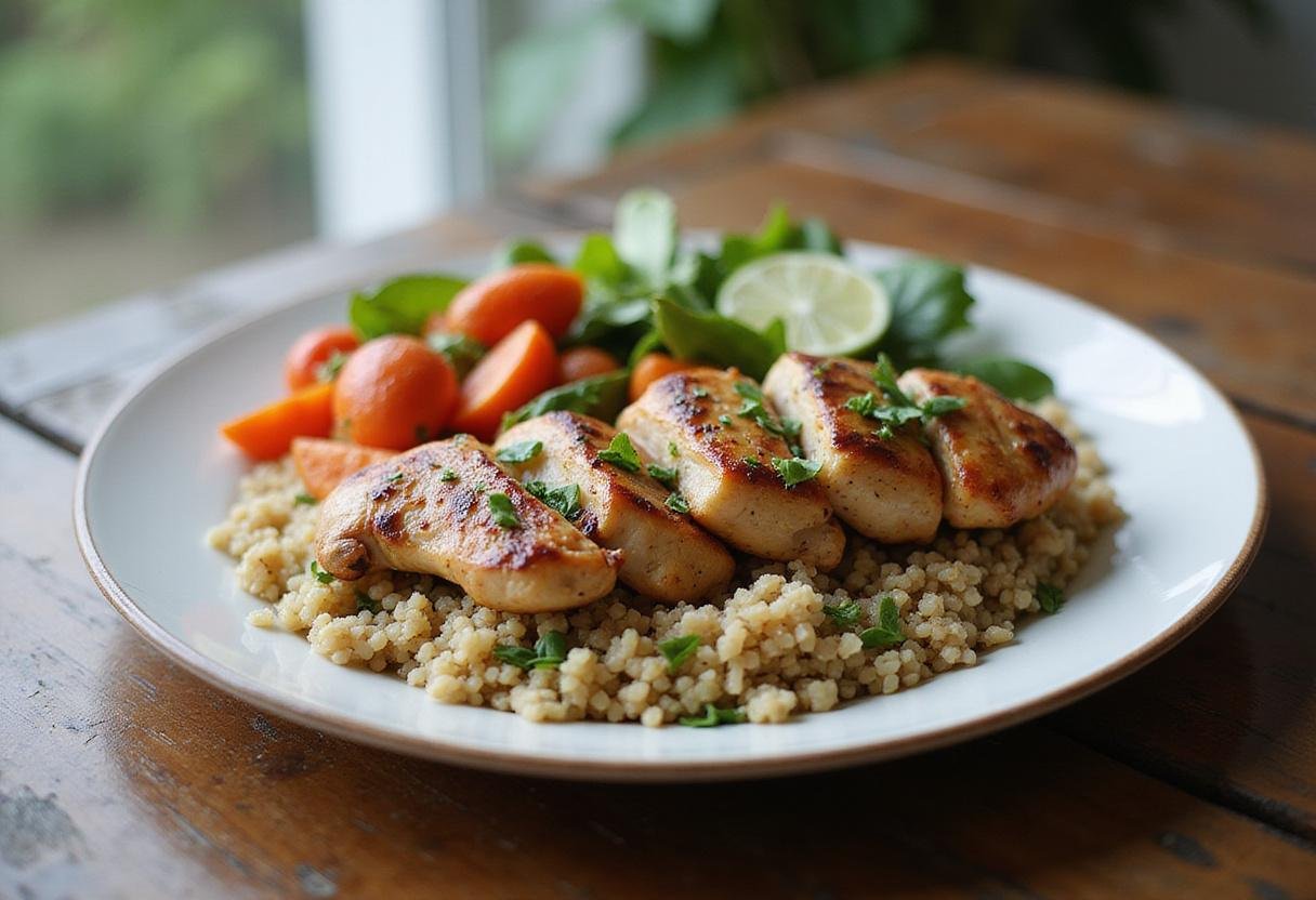 Final result of high protein meal prep recipes presented in an appealing arrangement of quinoa, chicken, and vegetables.