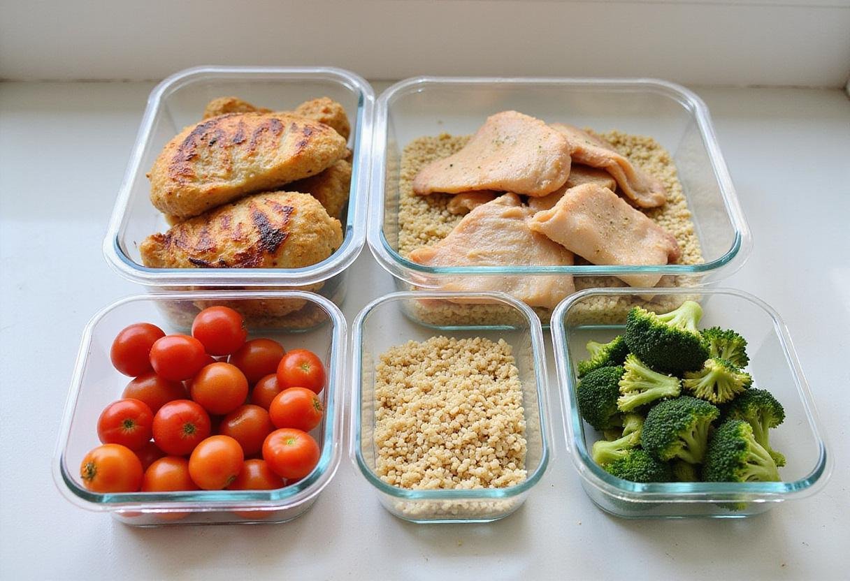High protein meal prep ideas showcasing prepped ingredients like quinoa, chicken, broccoli, and cherry tomatoes.