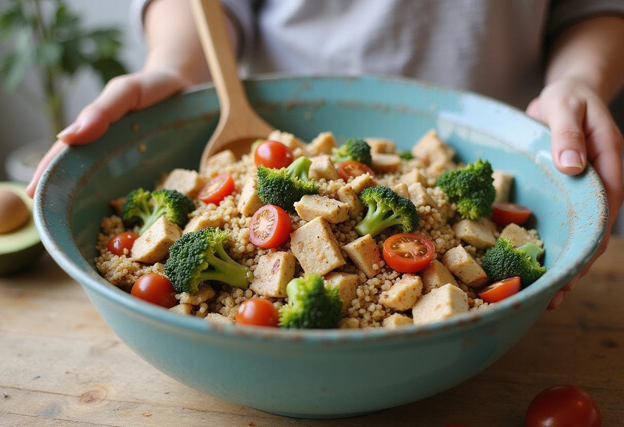 Healthy high protein meal prep recipes with quinoa and grilled chicken being mixed in a bowl.