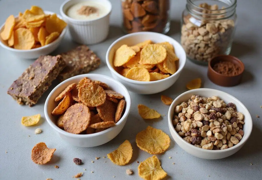 An array of high protein snacks including chips, bars, and trail mix, visually appealing and perfect for health-conscious individuals.