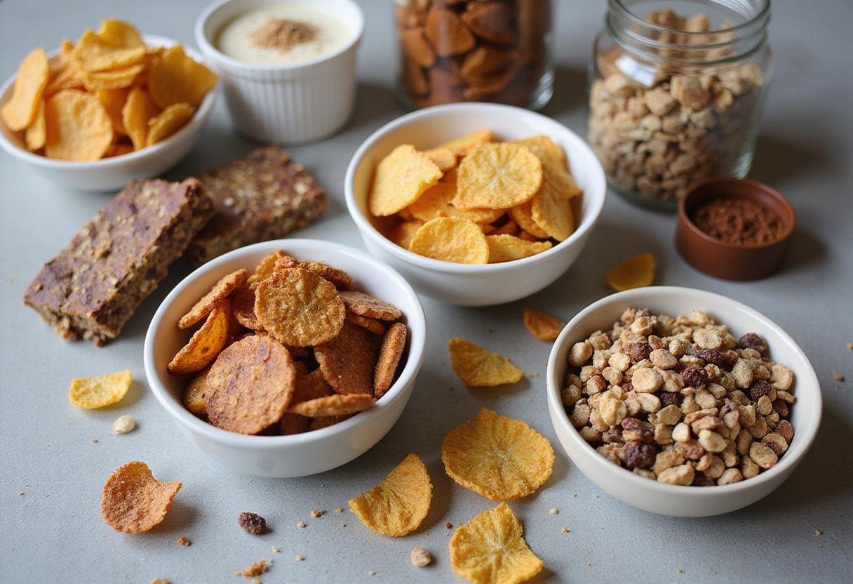 An array of high protein snacks including chips, bars, and trail mix, visually appealing and perfect for health-conscious individuals.