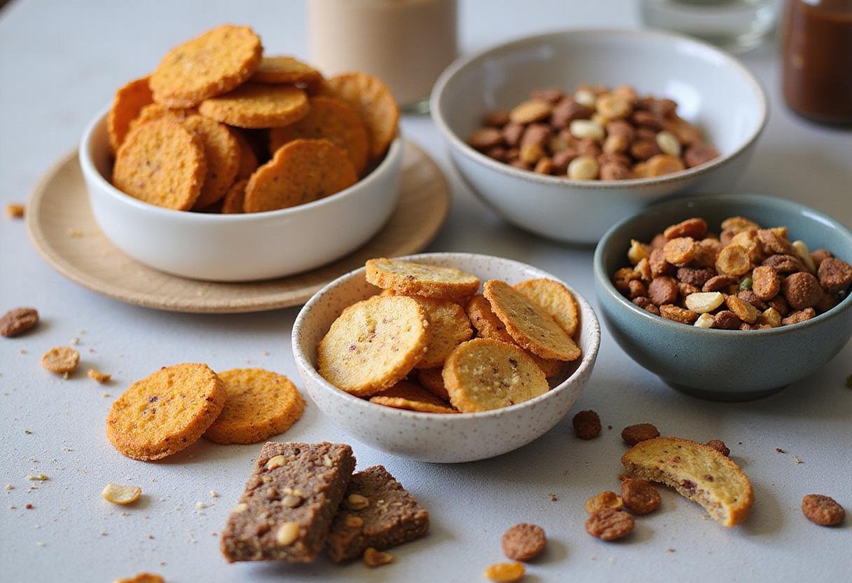 An array of high protein snacks including chips, bars, and trail mix, visually appealing and perfect for health-conscious individuals.