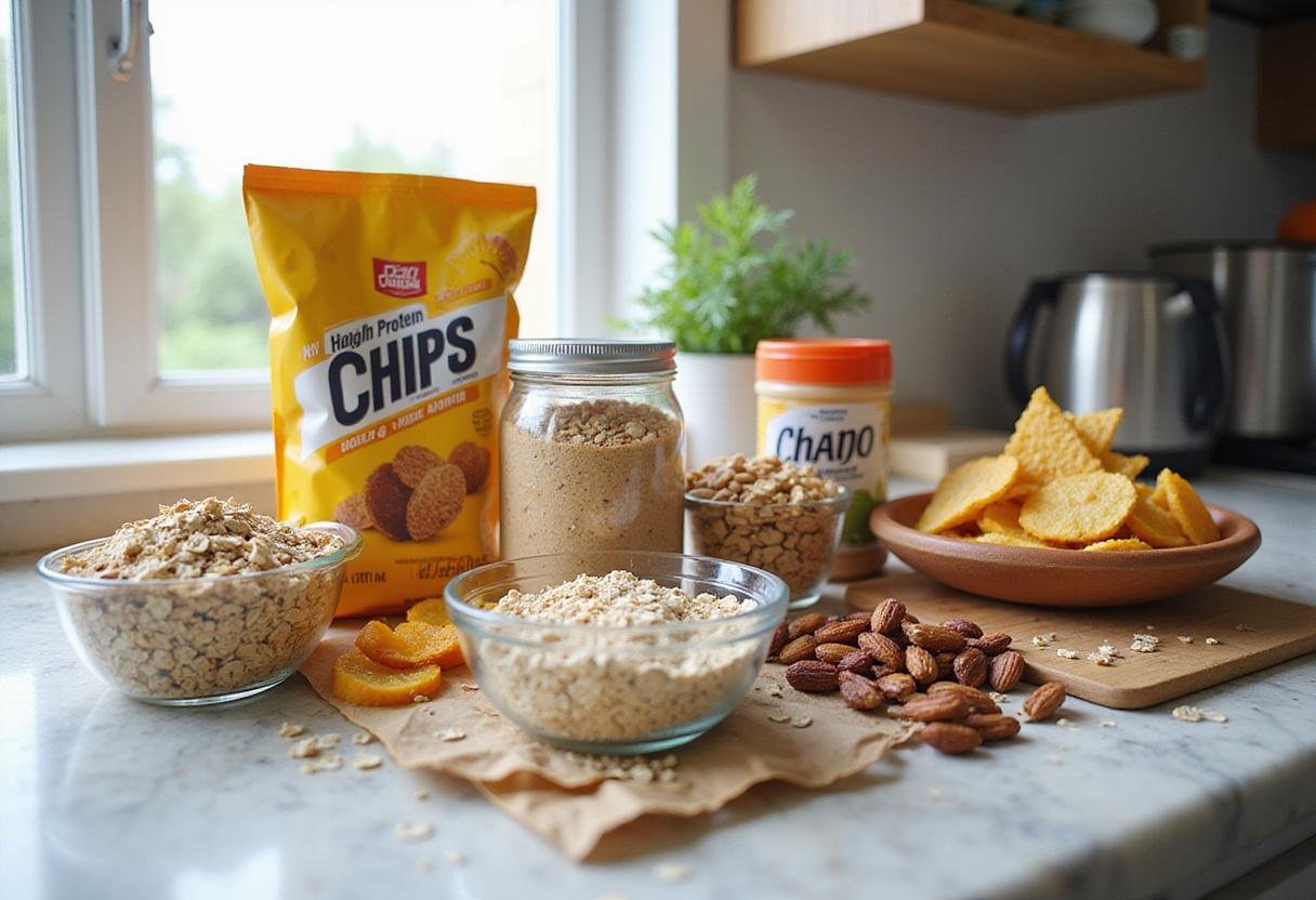 Ingredients for high protein snacks, featuring high protein chips, oatmeal, and nuts. Perfect for healthy snacking.