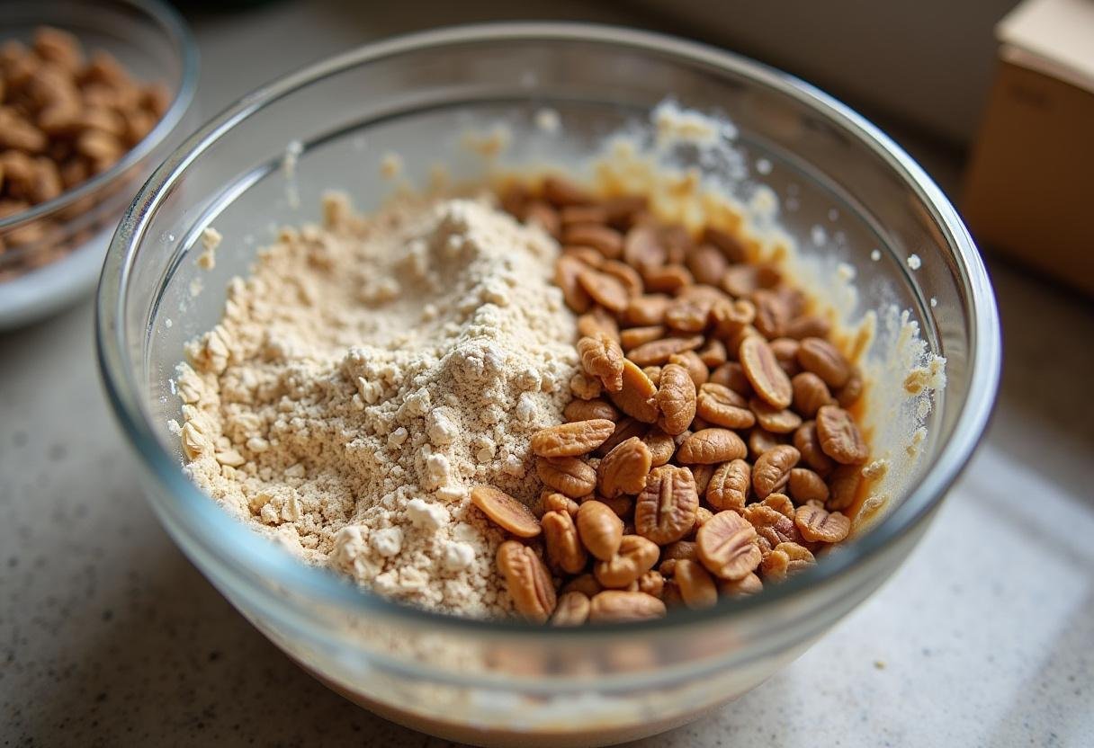 Preparing high protein bars with oats and protein powder in a mixing bowl. Ideal for nutritious energy bars.